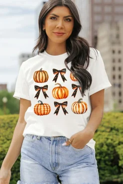 New Dear-Lover Halloween Pumpkin Bow Knot Print Crew Neck Tee White