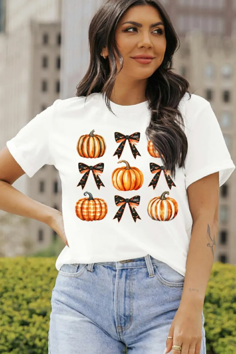 New Dear-Lover Halloween Pumpkin Bow Knot Print Crew Neck Tee White