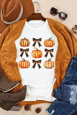 New Dear-Lover Halloween Pumpkin Bow Knot Print Crew Neck Tee White