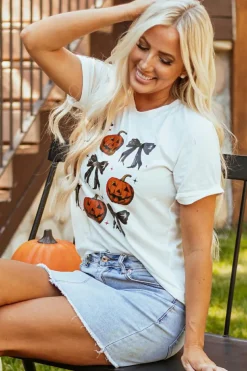 Discount Dear-Lover Halloween Pumpkin Face Bowknot Graphic T Shirt White