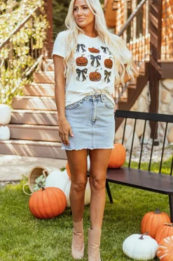 Discount Dear-Lover Halloween Pumpkin Face Bowknot Graphic T Shirt White