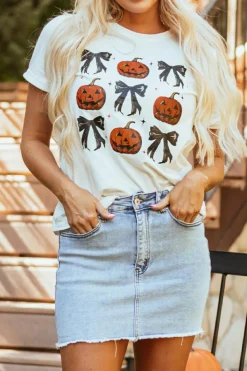 Discount Dear-Lover Halloween Pumpkin Face Bowknot Graphic T Shirt White