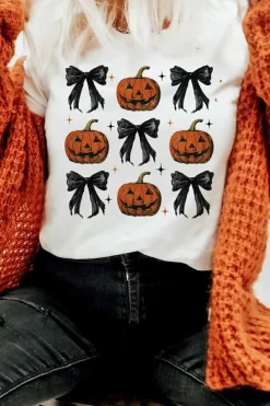 Discount Dear-Lover Halloween Pumpkin Face Bowknot Graphic T Shirt White