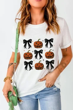 Discount Dear-Lover Halloween Pumpkin Face Bowknot Graphic T Shirt White