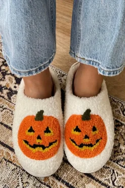 New Dear-Lover Halloween Pumpkin Print Plush Slippers (Runs Small, Size Up) White