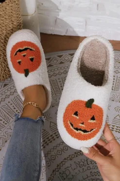 New Dear-Lover Halloween Pumpkin Print Plush Slippers (Runs Small, Size Up) White