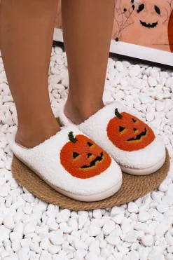 New Dear-Lover Halloween Pumpkin Print Plush Slippers (Runs Small, Size Up) White