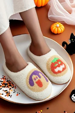 Online Dear-Lover Halloween Pumpkin Plush Winter Home Slippers White