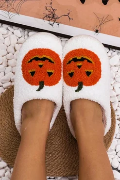 New Dear-Lover Halloween Pumpkin Print Plush Slippers (Runs Small, Size Up) White