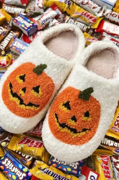 New Dear-Lover Halloween Pumpkin Print Plush Slippers (Runs Small, Size Up) White