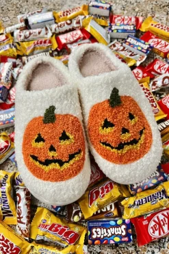 New Dear-Lover Halloween Pumpkin Print Plush Slippers (Runs Small, Size Up) White