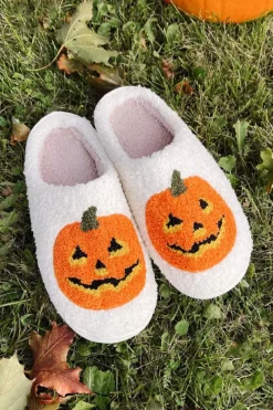 New Dear-Lover Halloween Pumpkin Print Plush Slippers (Runs Small, Size Up) White