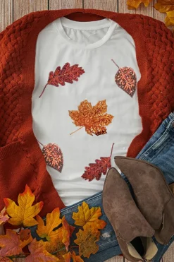 Clearance Dear-Lover Halloween Sequined Leaves Graphic Crew Neck T Shirt White