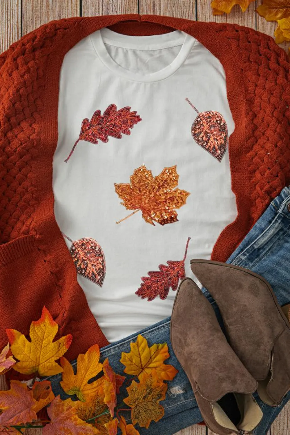 Clearance Dear-Lover Halloween Sequined Leaves Graphic Crew Neck T Shirt White
