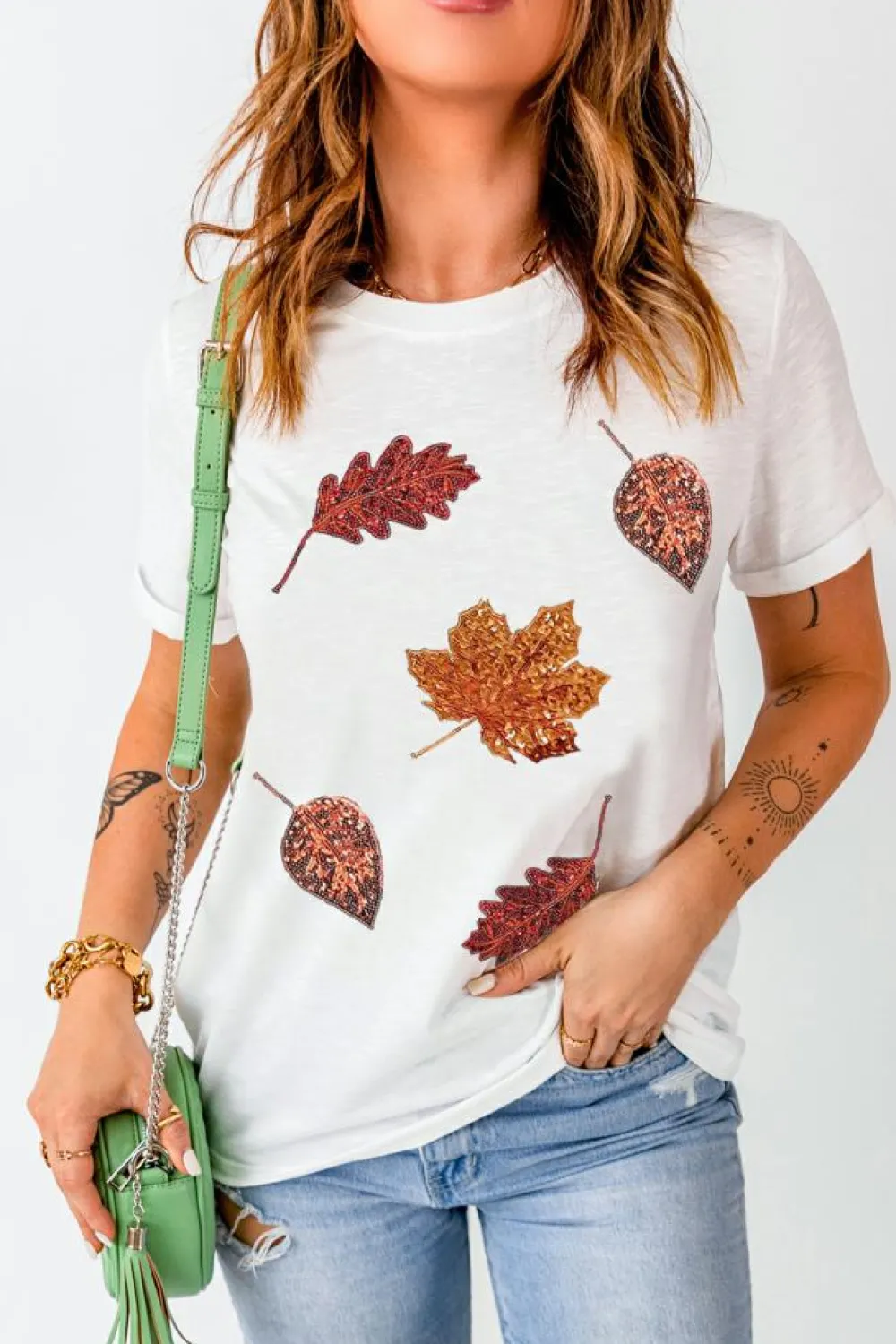 Clearance Dear-Lover Halloween Sequined Leaves Graphic Crew Neck T Shirt White