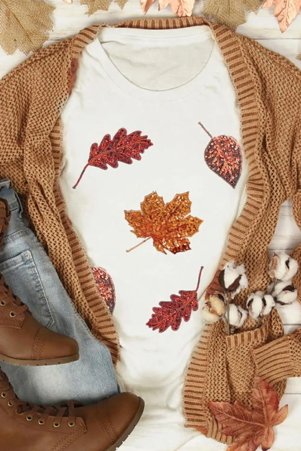 Clearance Dear-Lover Halloween Sequined Leaves Graphic Crew Neck T Shirt White