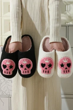 New Dear-Lover Halloween Skull Printed Plush Winter Home Slippers White