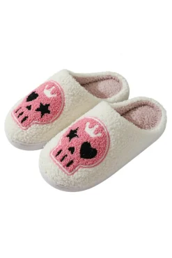 New Dear-Lover Halloween Skull Printed Plush Winter Home Slippers White
