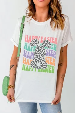 Discount Dear-Lover Happy Easter Rabbit Print Crew Neck T Shirt White
