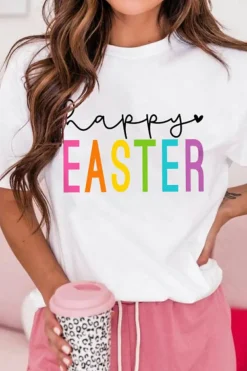 Outlet Dear-Lover Happy EASTER Round Neck Graphic Tee White
