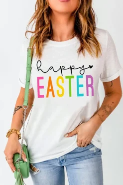 Outlet Dear-Lover Happy EASTER Round Neck Graphic Tee White