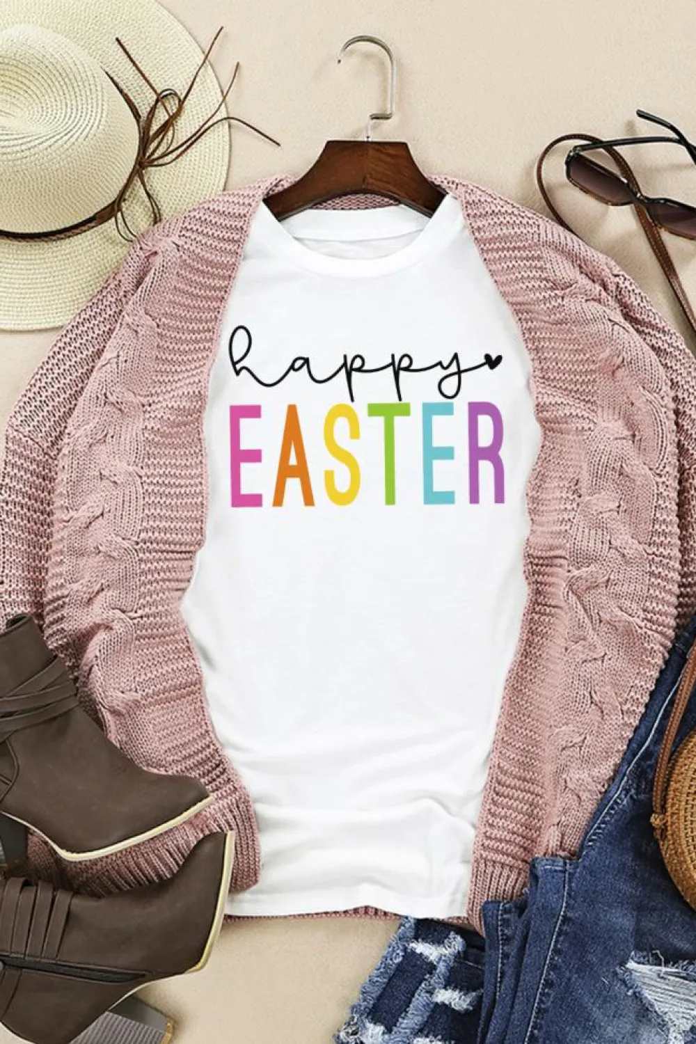 Outlet Dear-Lover Happy EASTER Round Neck Graphic Tee White