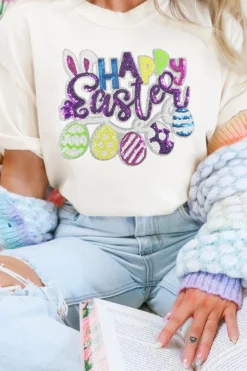 Best Dear-Lover Happy Easter Sequin Patched Casual Tee White