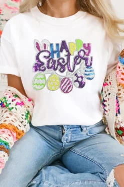 Best Dear-Lover Happy Easter Sequin Patched Casual Tee White