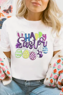 Best Dear-Lover Happy Easter Sequin Patched Casual Tee White