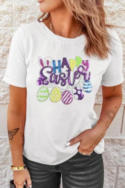 Best Dear-Lover Happy Easter Sequin Patched Casual Tee White