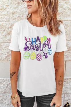 Best Dear-Lover Happy Easter Sequin Patched Casual Tee White