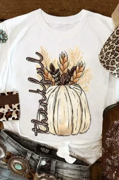 New Dear-Lover Harvest Pumpkin Graphic Thanksgiving Tee White