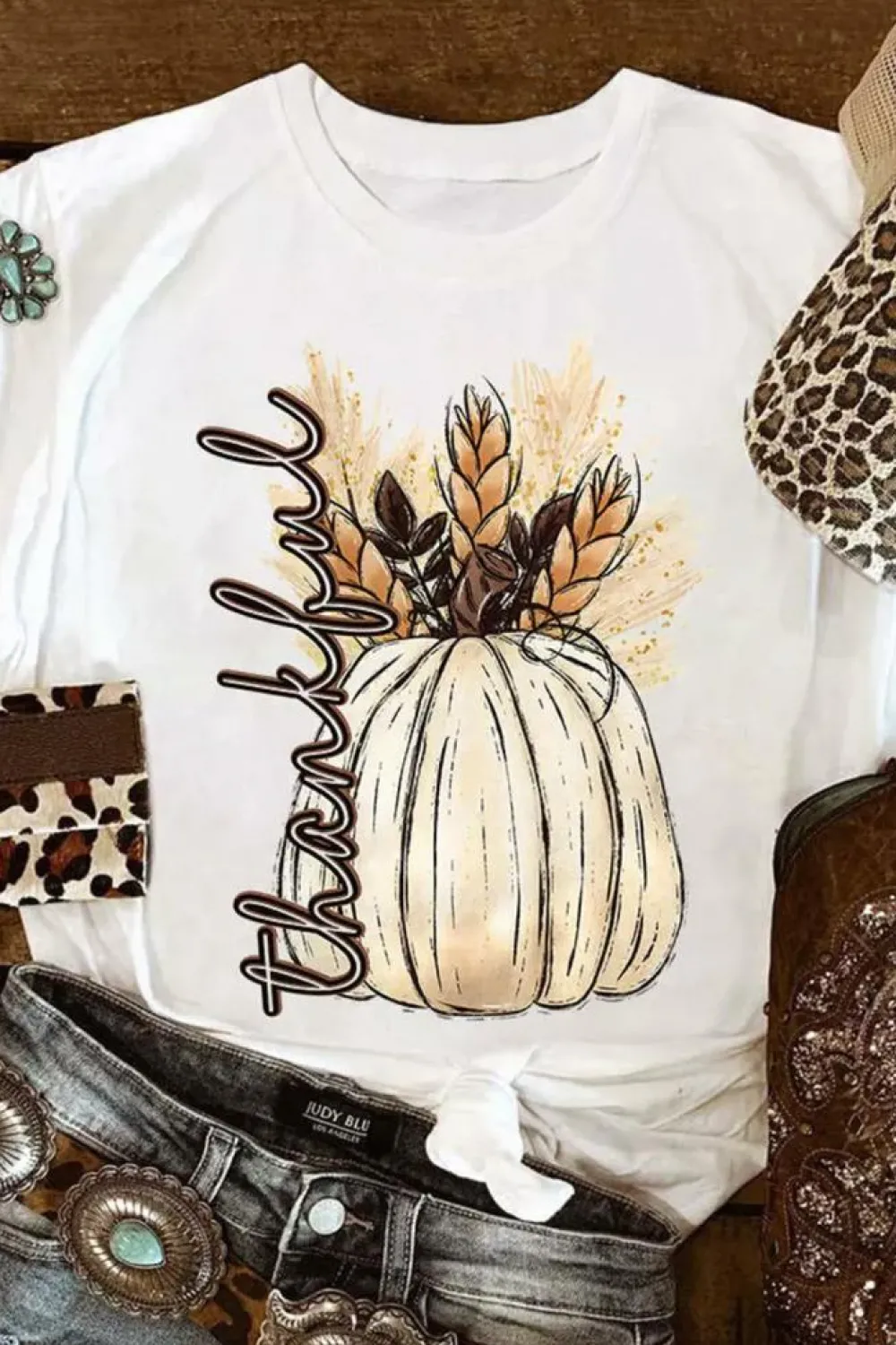 New Dear-Lover Harvest Pumpkin Graphic Thanksgiving Tee White