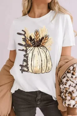 New Dear-Lover Harvest Pumpkin Graphic Thanksgiving Tee White