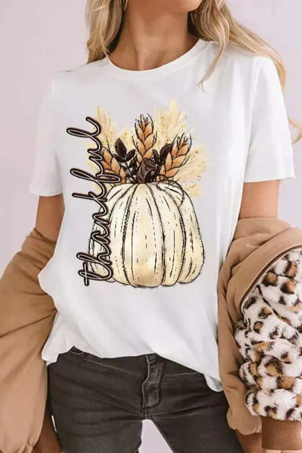 New Dear-Lover Harvest Pumpkin Graphic Thanksgiving Tee White