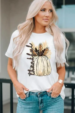 New Dear-Lover Harvest Pumpkin Graphic Thanksgiving Tee White