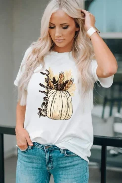 New Dear-Lover Harvest Pumpkin Graphic Thanksgiving Tee White