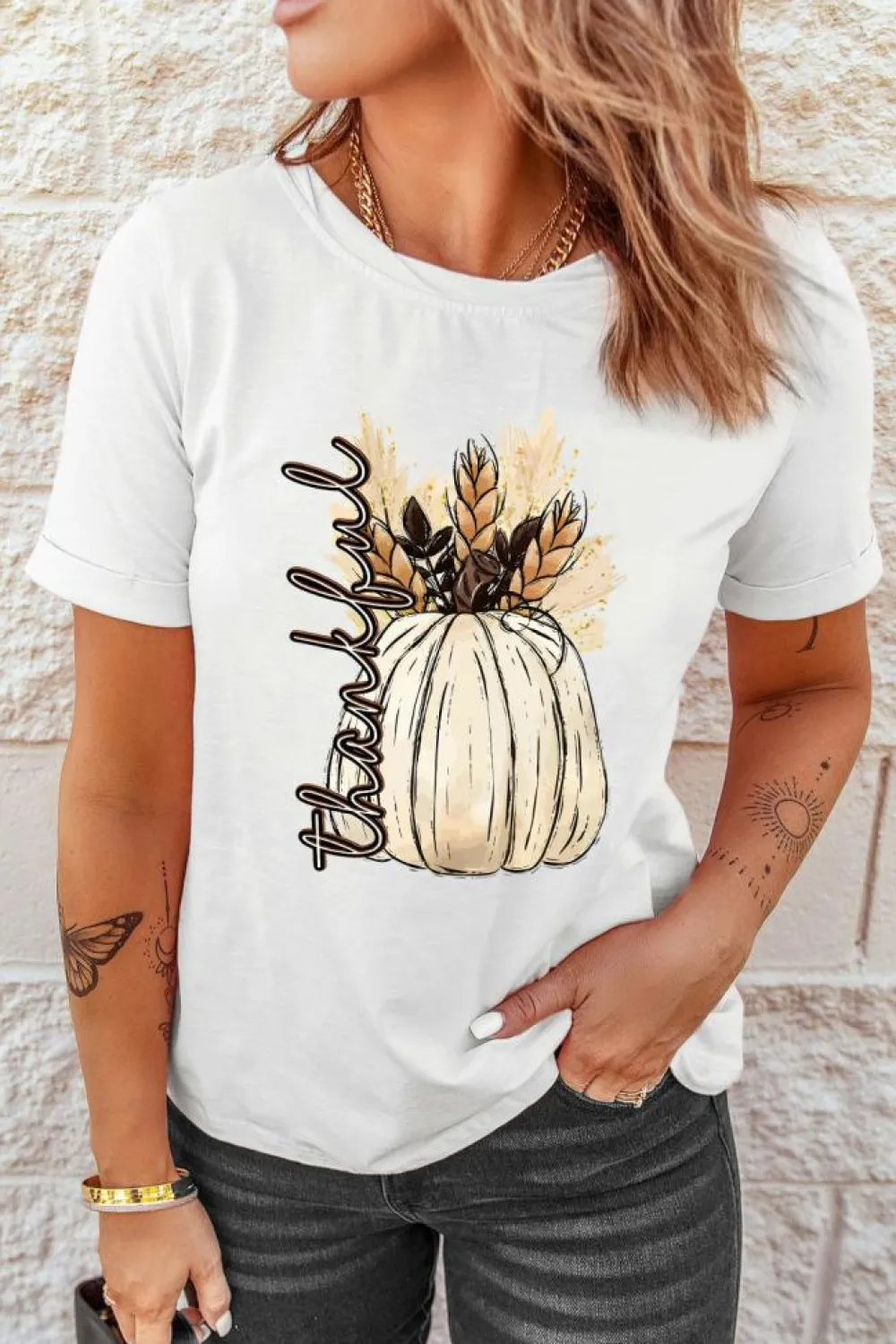 New Dear-Lover Harvest Pumpkin Graphic Thanksgiving Tee White