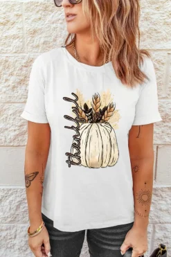 New Dear-Lover Harvest Pumpkin Graphic Thanksgiving Tee White