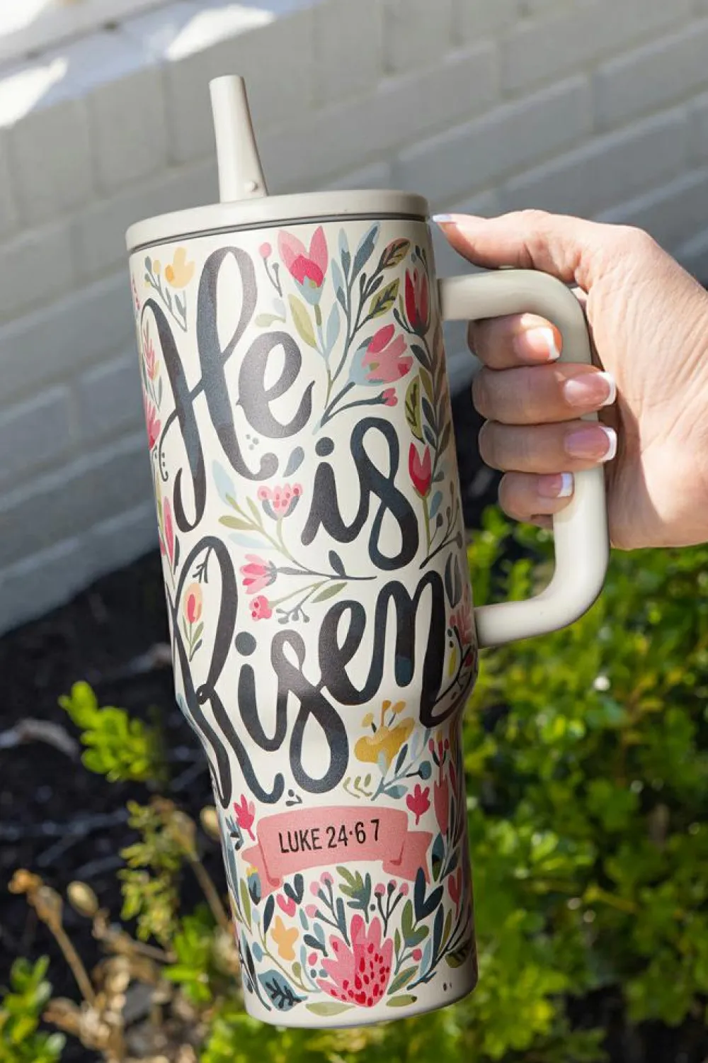 Fashion Dear-Lover He Is Risen Flower Print Stainless Steel Tumbler 40oz White