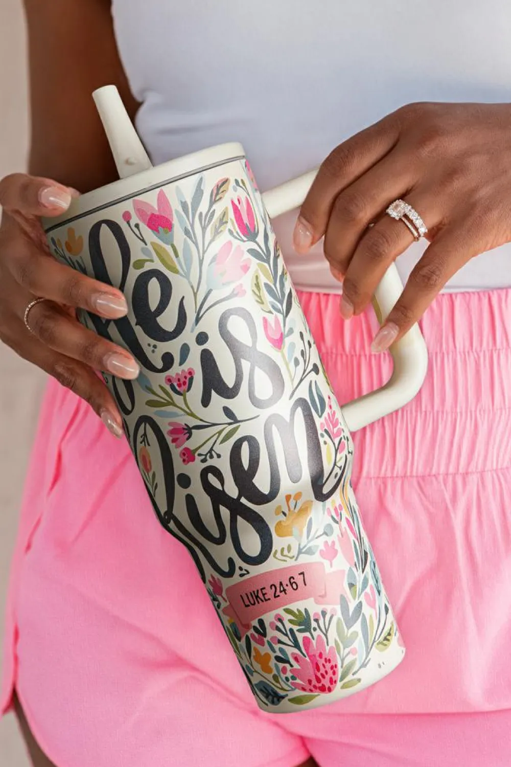 Fashion Dear-Lover He Is Risen Flower Print Stainless Steel Tumbler 40oz White