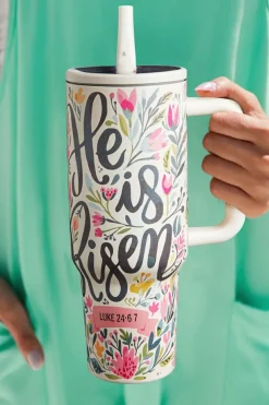 Fashion Dear-Lover He Is Risen Flower Print Stainless Steel Tumbler 40oz White