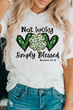 New Dear-Lover Heart Leopard Clover Slogan Letters Graphic Tee White