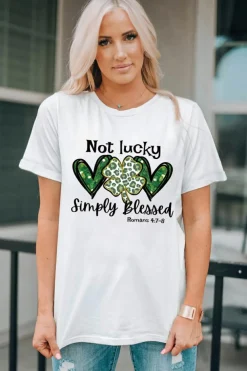 New Dear-Lover Heart Leopard Clover Slogan Letters Graphic Tee White