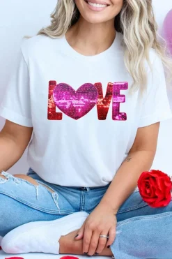 Sale Dear-Lover Heart LOVE Patched Pattern Crewneck Valentines T Shirt White
