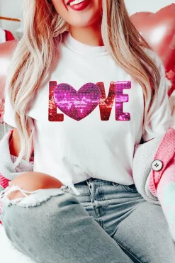 Sale Dear-Lover Heart LOVE Patched Pattern Crewneck Valentines T Shirt White