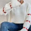 Discount Dear-Lover Heart Shape Bell Sleeve Valentine Sweater White