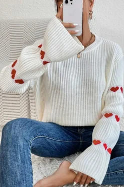 Discount Dear-Lover Heart Shape Bell Sleeve Valentine Sweater White