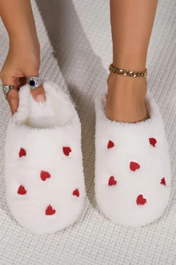 Discount Dear-Lover Heart Shape Embroidered Slip On Plush Slippers White
