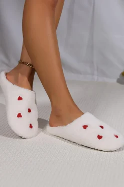 Discount Dear-Lover Heart Shape Embroidered Slip On Plush Slippers White